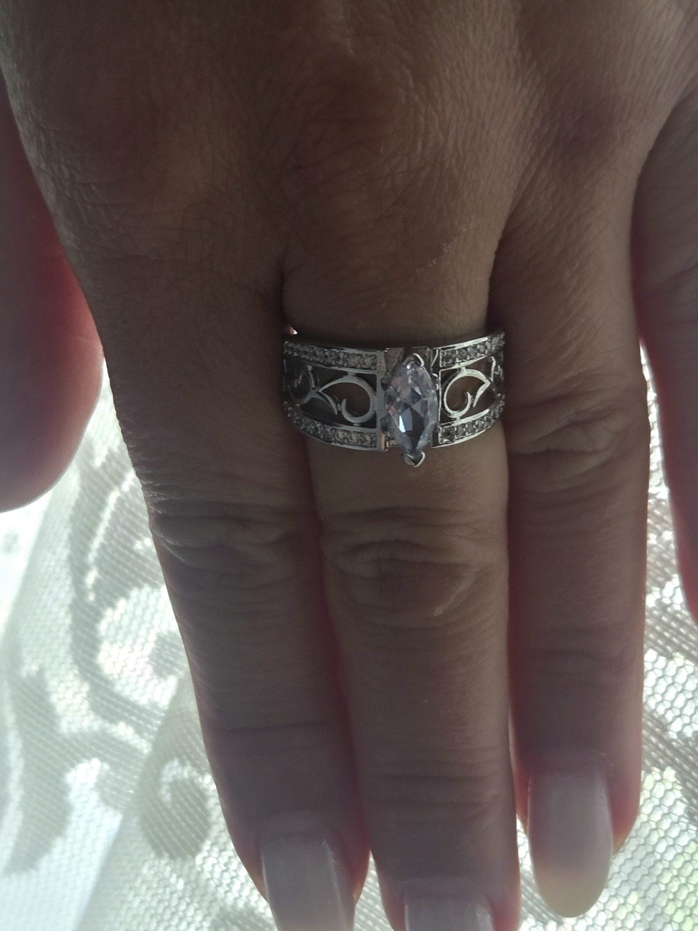 Marquise-Cut Silver Filigree Ring with Clear Stone - Women's Silver Ring